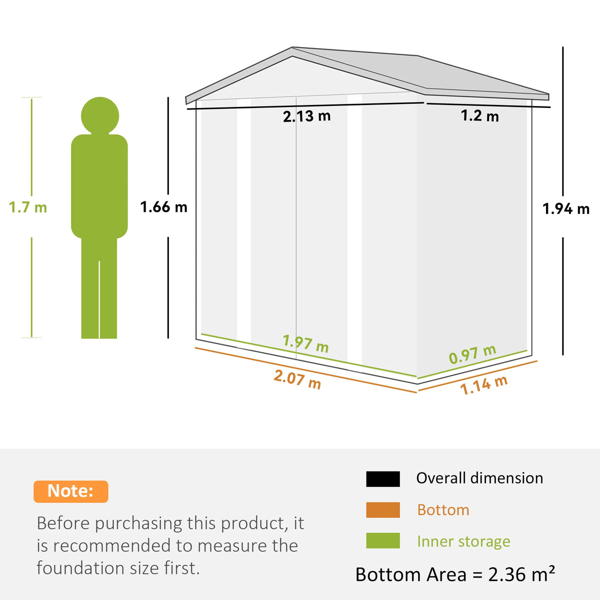7 x 4ft Metal Garden Shed with Sliding Doors, Apex Roof and Vents, Green
