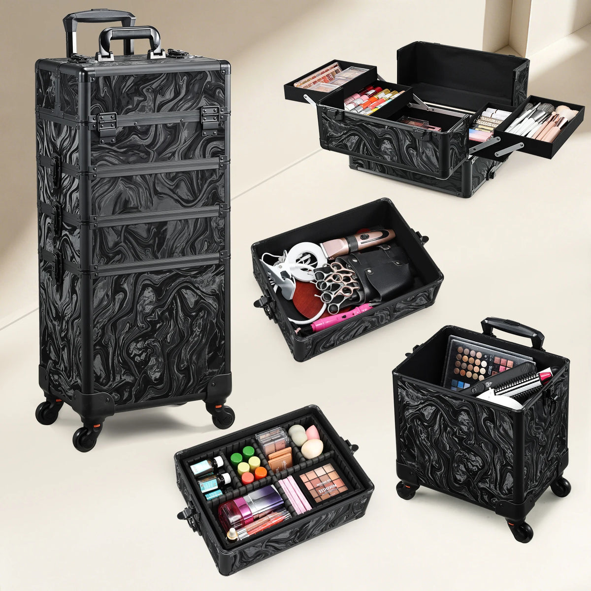 4 in 1 Rolling Makeup Train Case on Wheels with 4 Trays 36-55L PVC Cosmetology Trolley for Nails and Tattoo