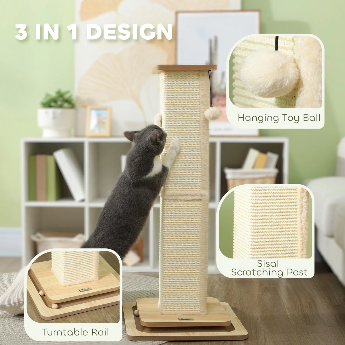 87cm Cat Scratching Post, 3-in-1 Cat Scratcher w/ Track Ball Toy