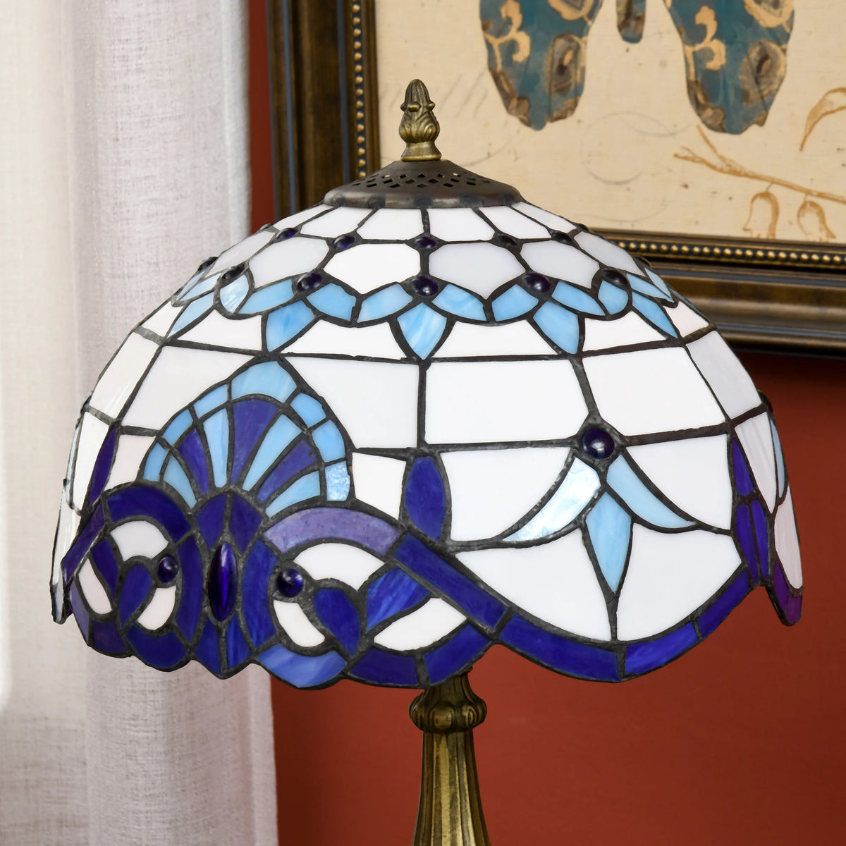 Handmade Stained Glass Table Lamp, Antique Bedside Lamp for Bedroom, Blue