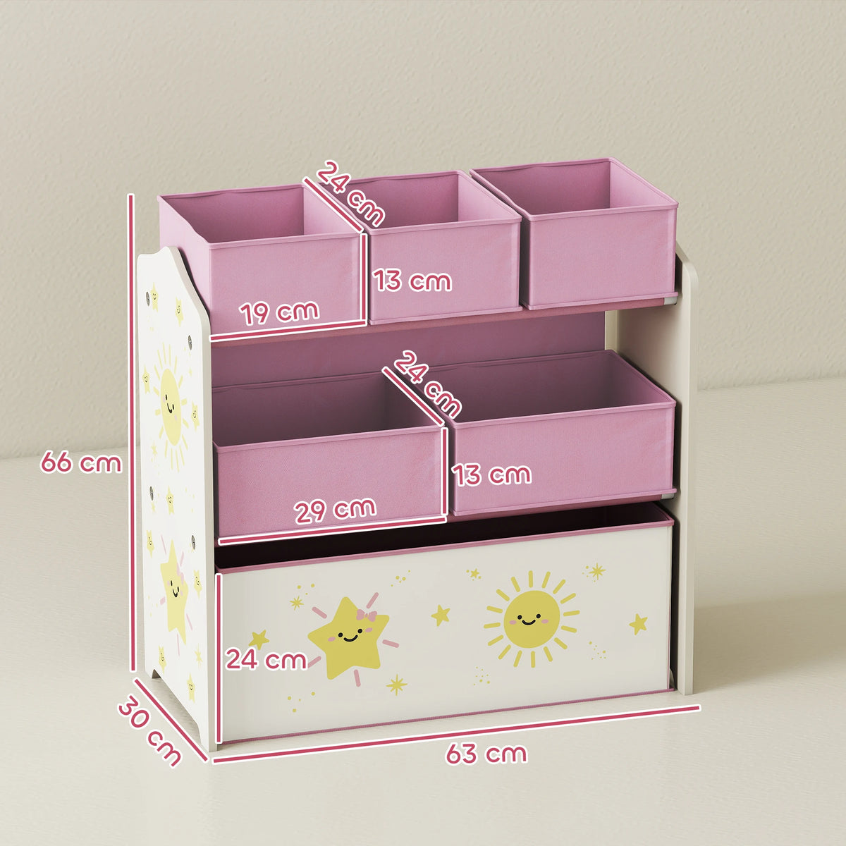 3 Tier Kids Storage Shelf with 6 Removable Fabric Boxes Bookshelf Organiser Rounded Corners