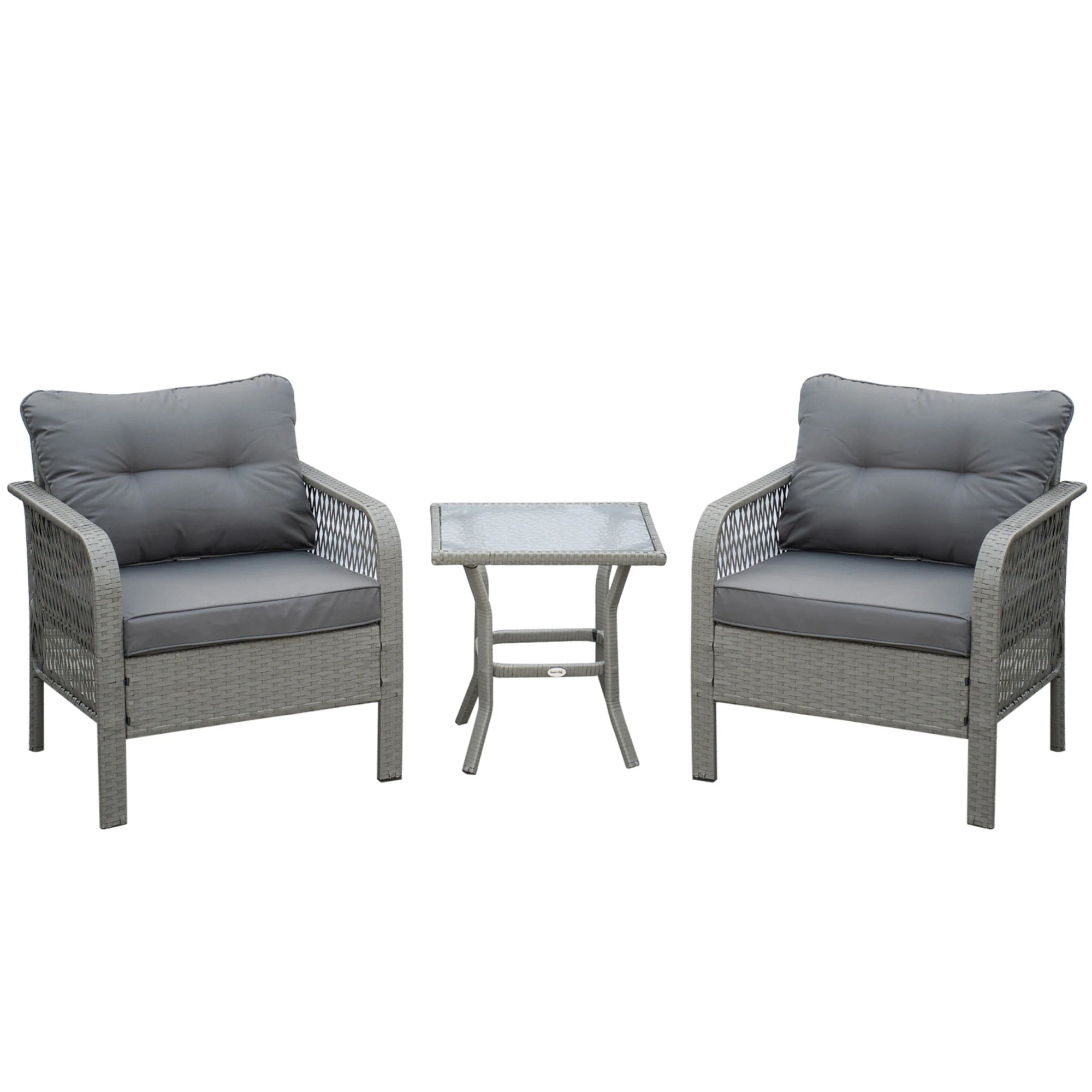 3-Piece Rattan Bistro Set with Tempered Glass Table and Cushioned Armchairs