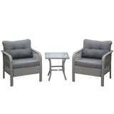 3-Piece Rattan Bistro Set with Tempered Glass Table and Cushioned Armchairs