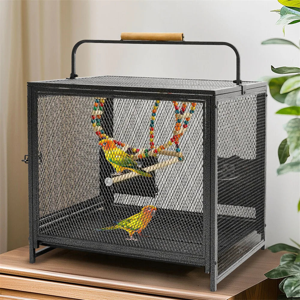 Heavy-Duty Metal Travel Bird Cage with Handle, Perches and Toys, 58 x 46 x 56cm