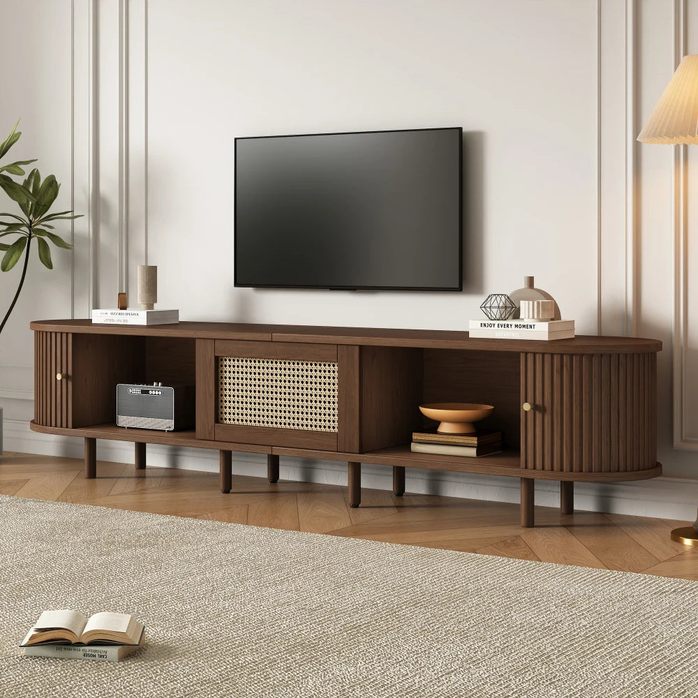 180cm Oak TV Stand with Rattan Drawer, Sliding Doors, Gold Handles and Adjustable Legs