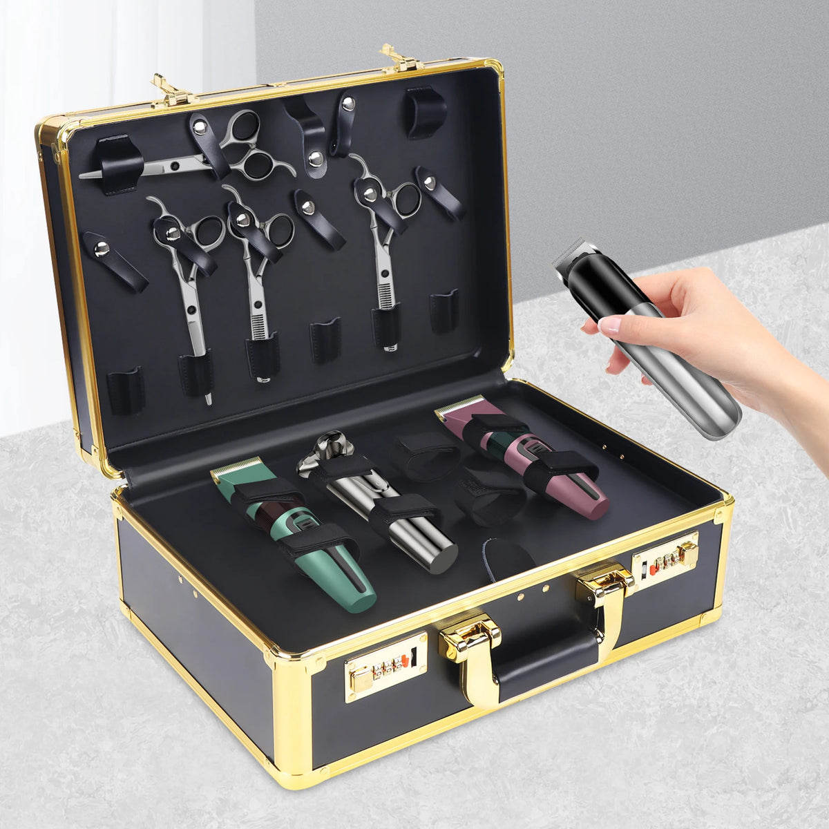 Large Makeup Case 40x16.5x27.5cm with 2 Combination Locks Fireproof Board and Metal 20kg Capacity Gold