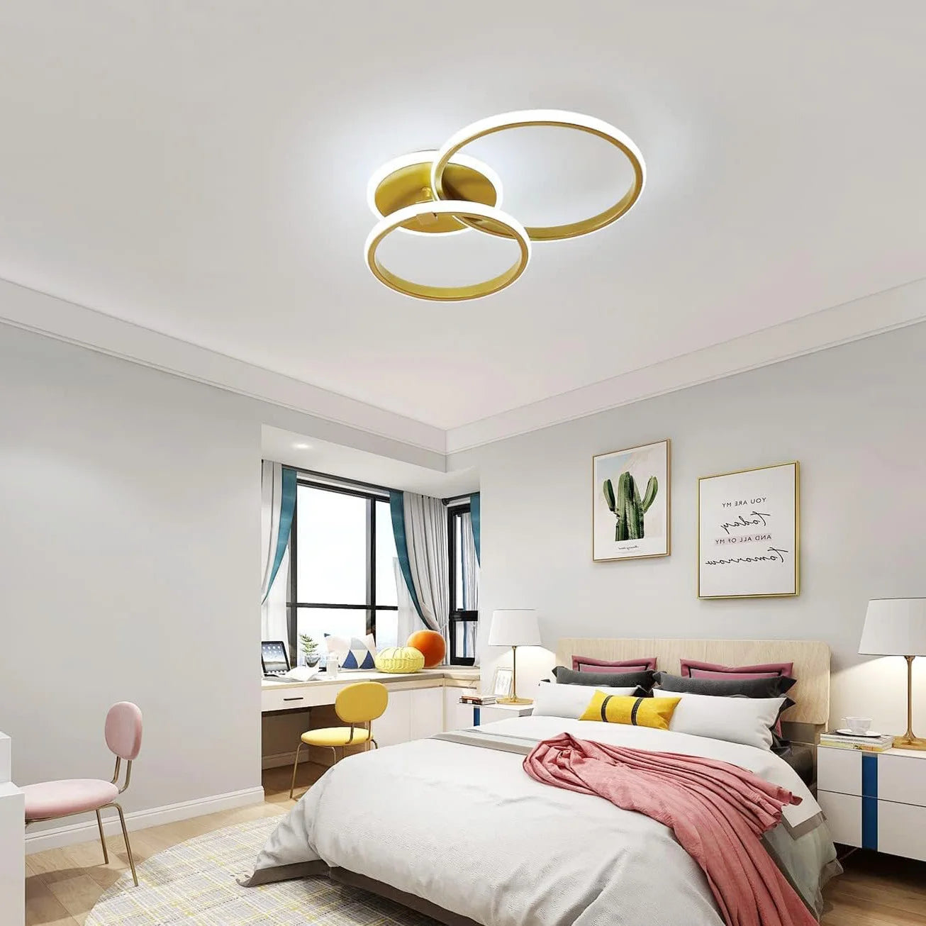 42W LED Ceiling Light 2 Ring Rotatable 4700LM 6500K Cool White Gold Flush Mount for Living Room Bedroom