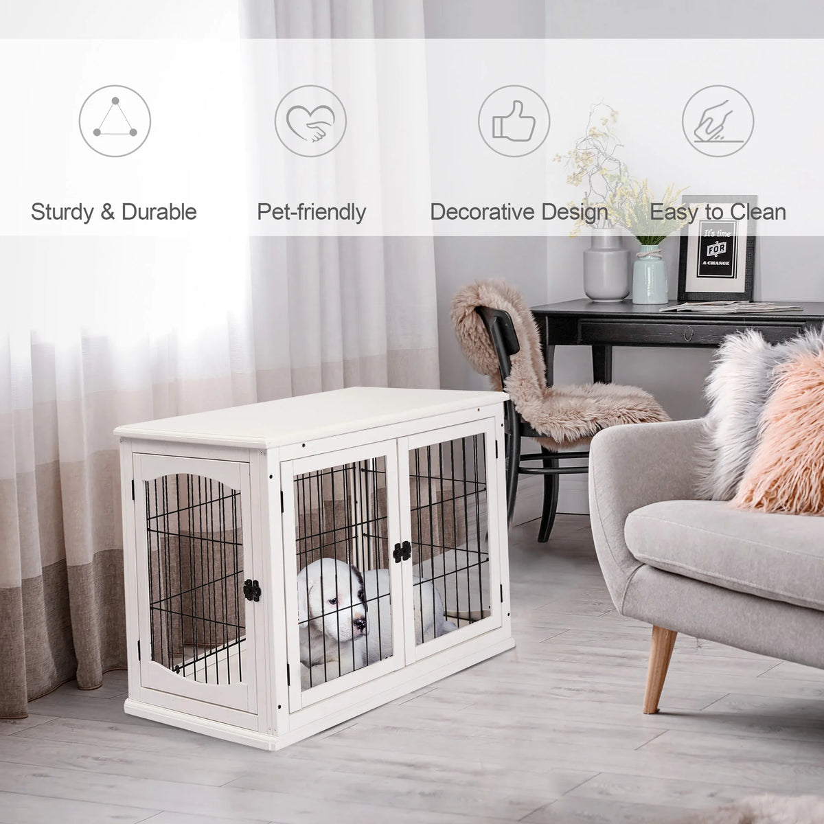 White Dog Crate End Table for Medium Dogs with Front and Side Doors