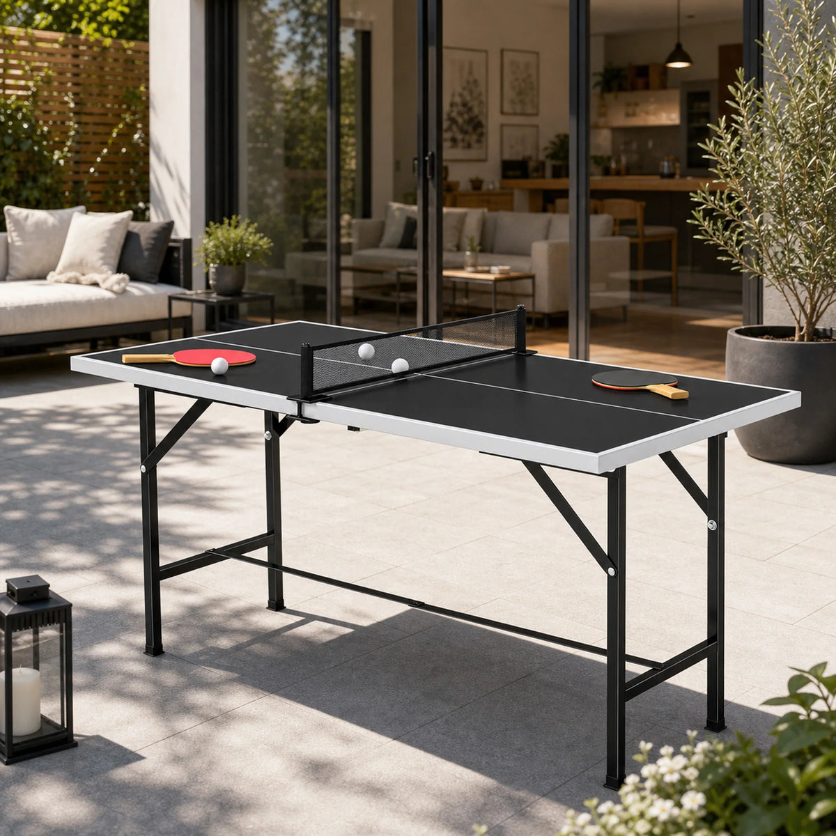 5ft Folding Mid-Size Table Tennis Table with Net, 2 Bats and 3 Balls