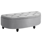 Semi-Circle Velvet Storage Ottoman Bench with Tufted Lid and Carved Wood Legs | Hallway Living Room Footrest