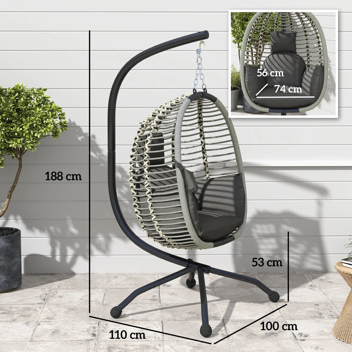Hanging Egg Chair with Stand 110x100x188cm 20cm Cushion Cup Holders Foldable Basket Steel Dark Grey
