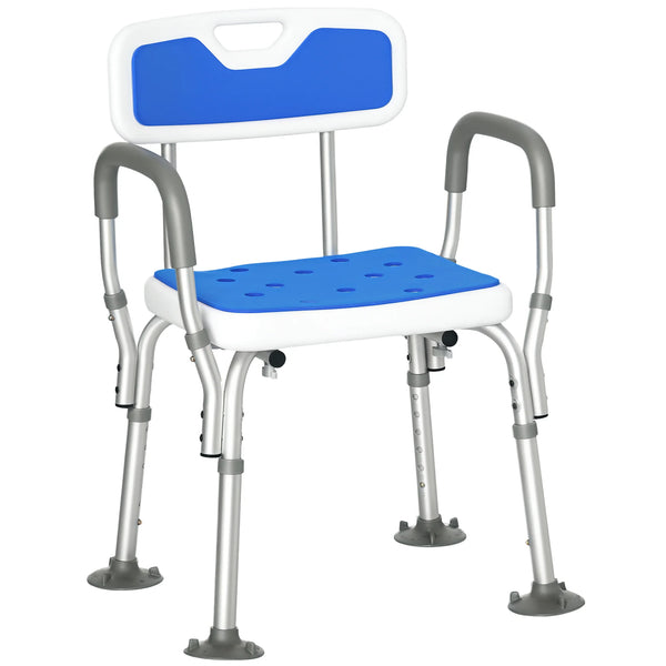 Adjustable Shower Stool with Arms and Back, Padded Bath Seat with Suction Feet, Blue