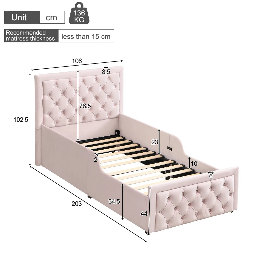 Upholstered Single Bed 3FT 90 x 190cm, Children's Hydraulic Storage Bed with Headboard, Pink Velvet