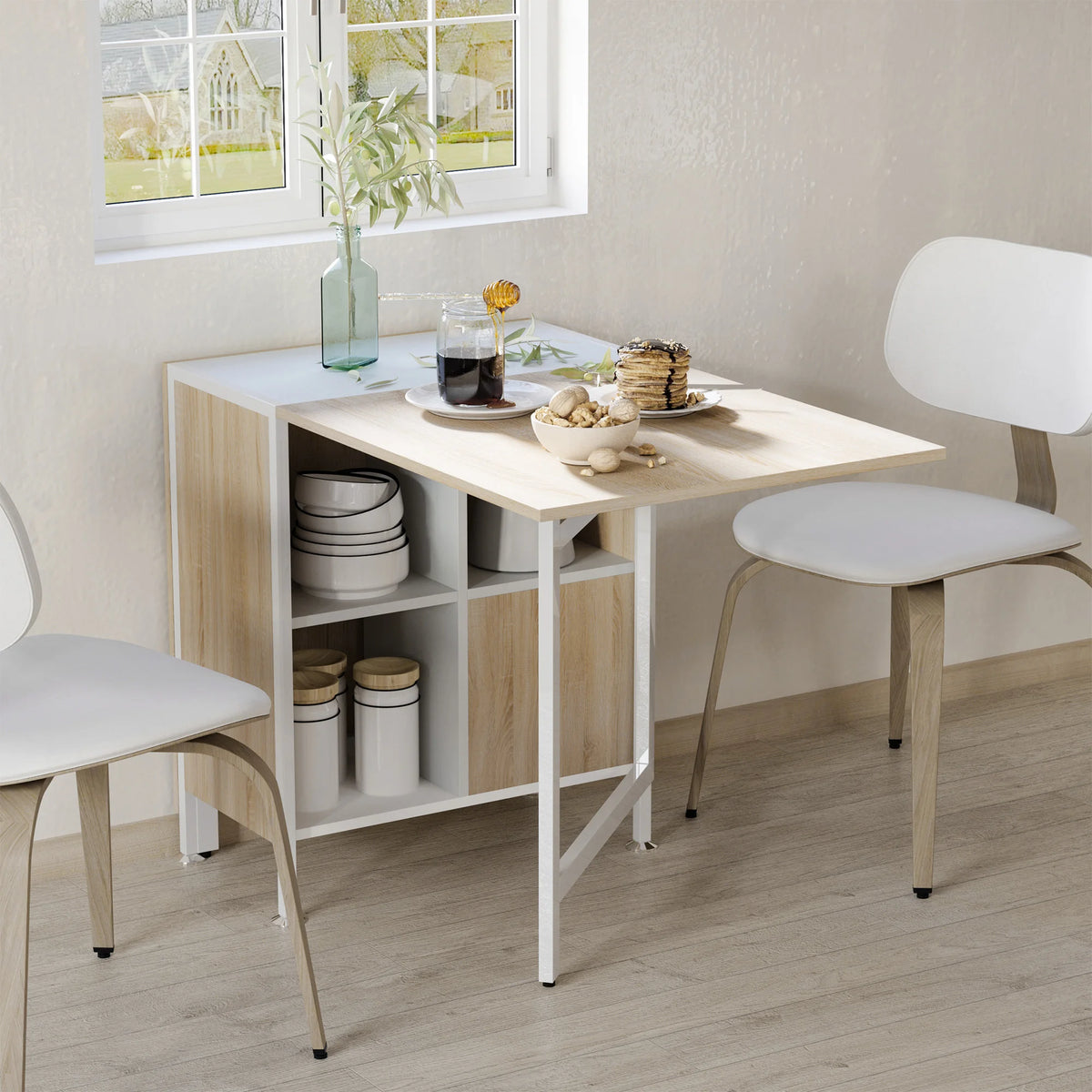 Folding Table with Storage Shelves, Oak and White