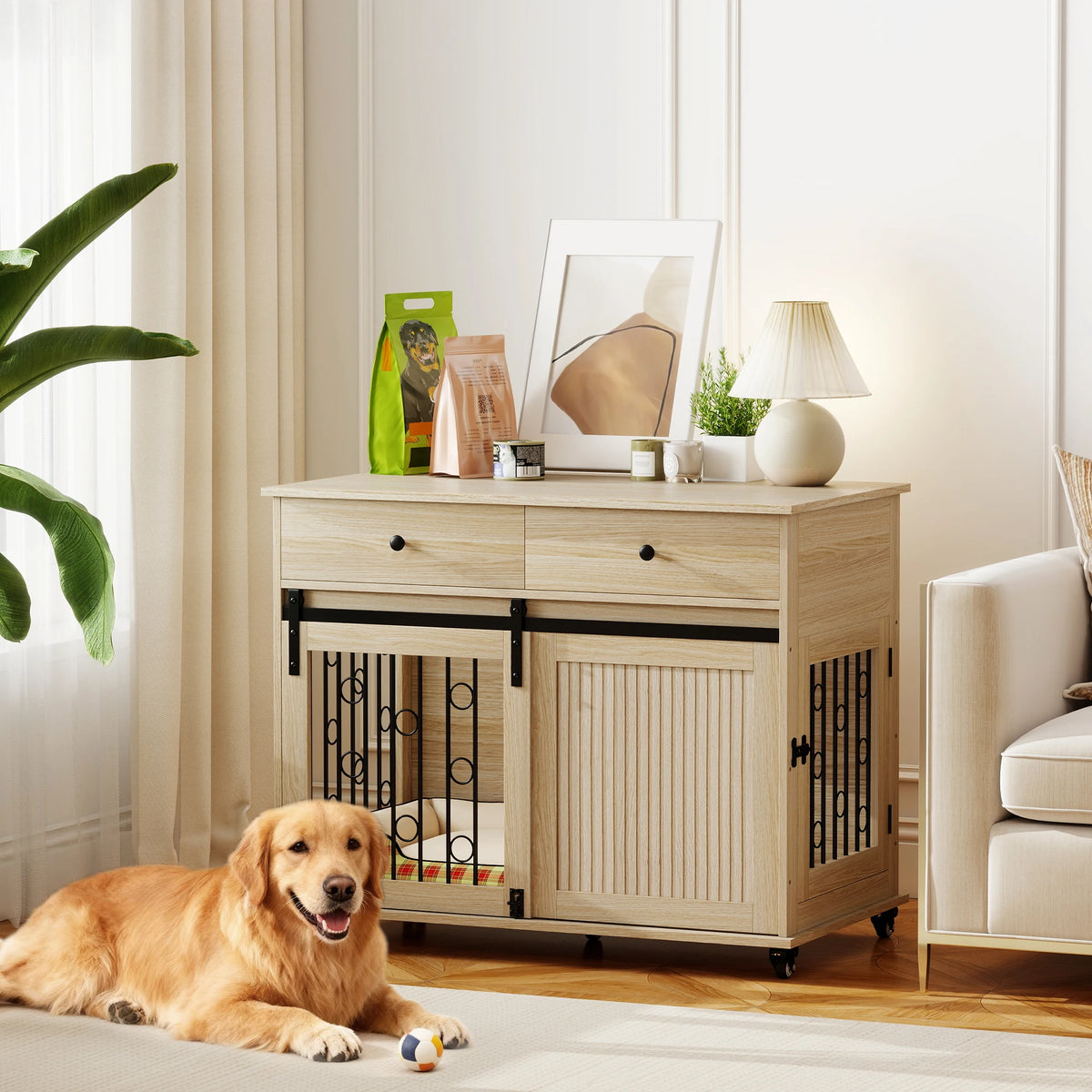 Dog Crate End Table with Sliding Barn Door, 2 Drawers and Wheels, Oak