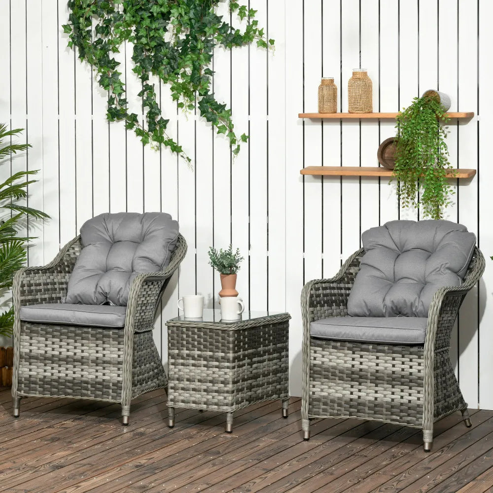 3-Piece Rattan Bistro Set with Glass-Top Table and Chairs, Grey