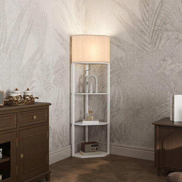 Corner Floor Lamp with 3 Shelves and Pull Chain, White
