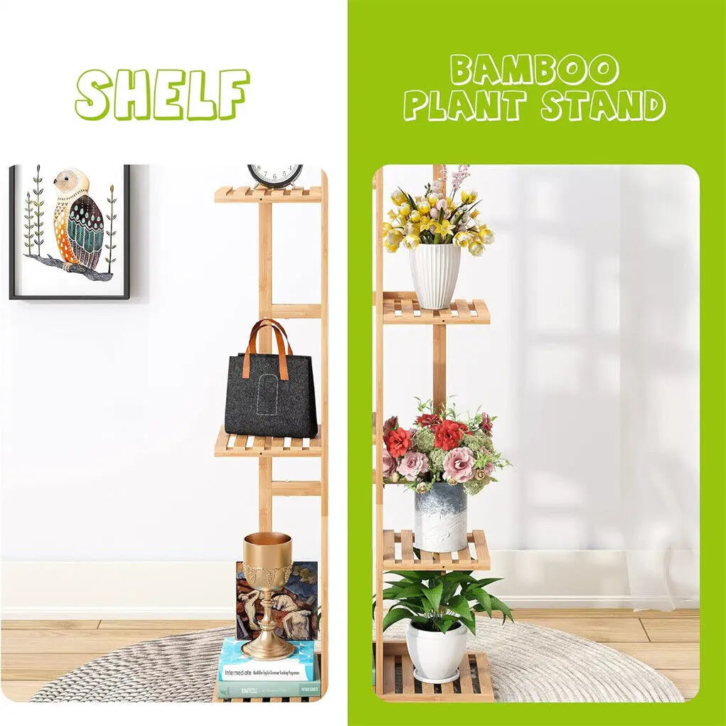 Tall Bamboo Plant Stand Flower Display Rack 5 or 6 Tier Indoor Outdoor Garden Storage Home Decor