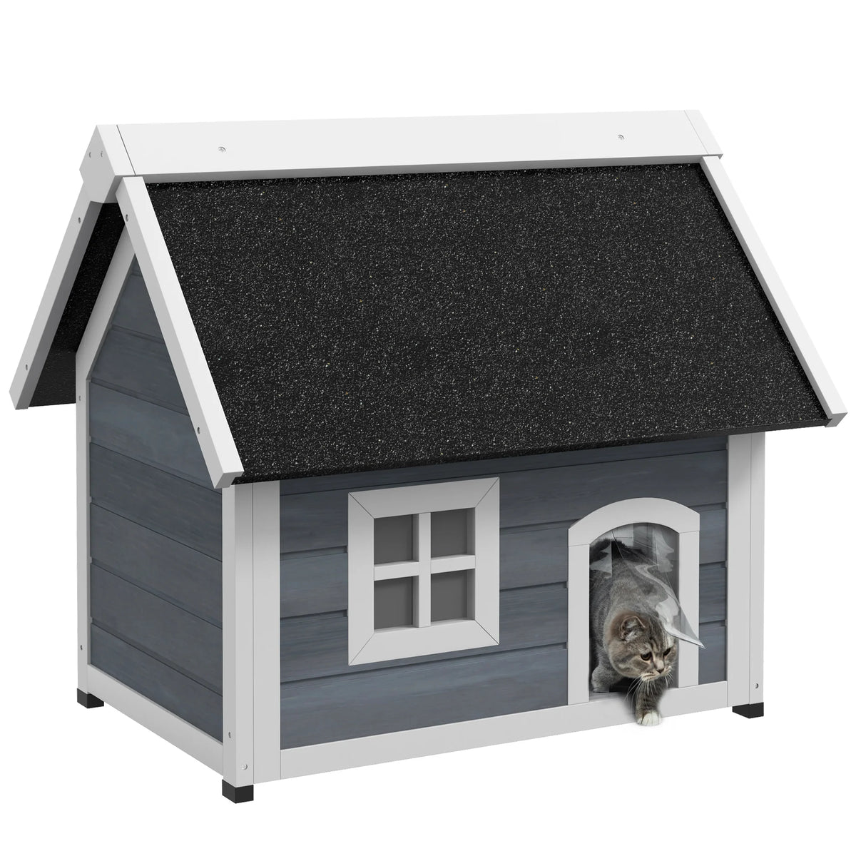 Outdoor Cat House with Openable Asphalt Roof and Three Doors, Grey
