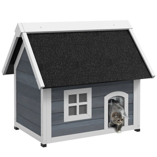 Outdoor Cat House with Openable Asphalt Roof and Three Doors, Grey