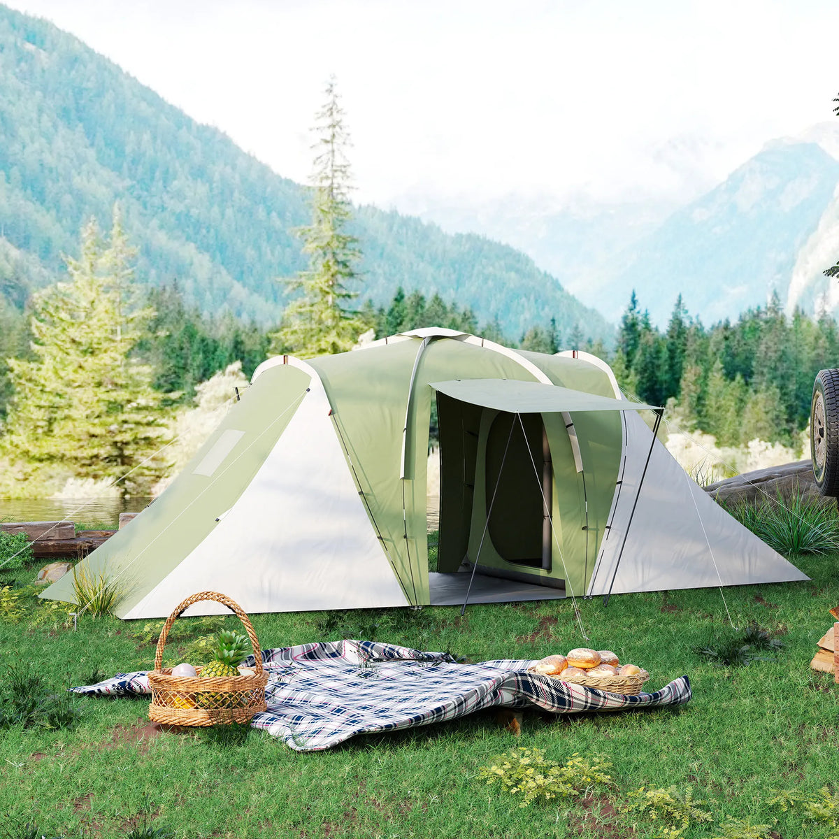 4 Person Tunnel Tent with 2 Bedrooms and Living Area, Green and White