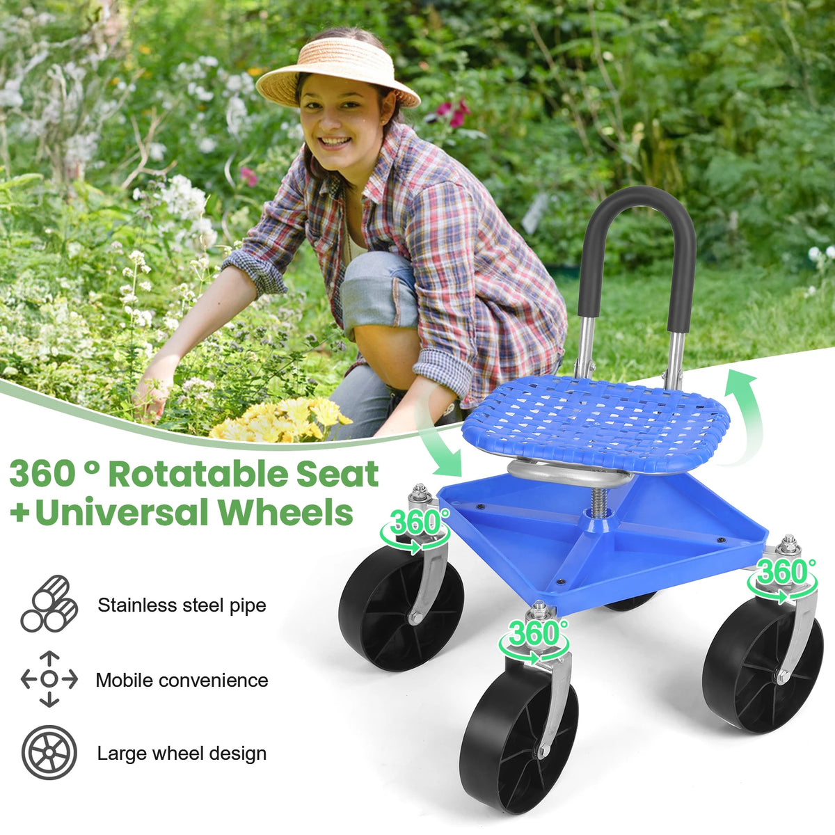 Adjustable Height Garden Rolling Seat 51-61cm 360° Swivel 150kg Carbon Steel with Tool Tray for Gardening Work