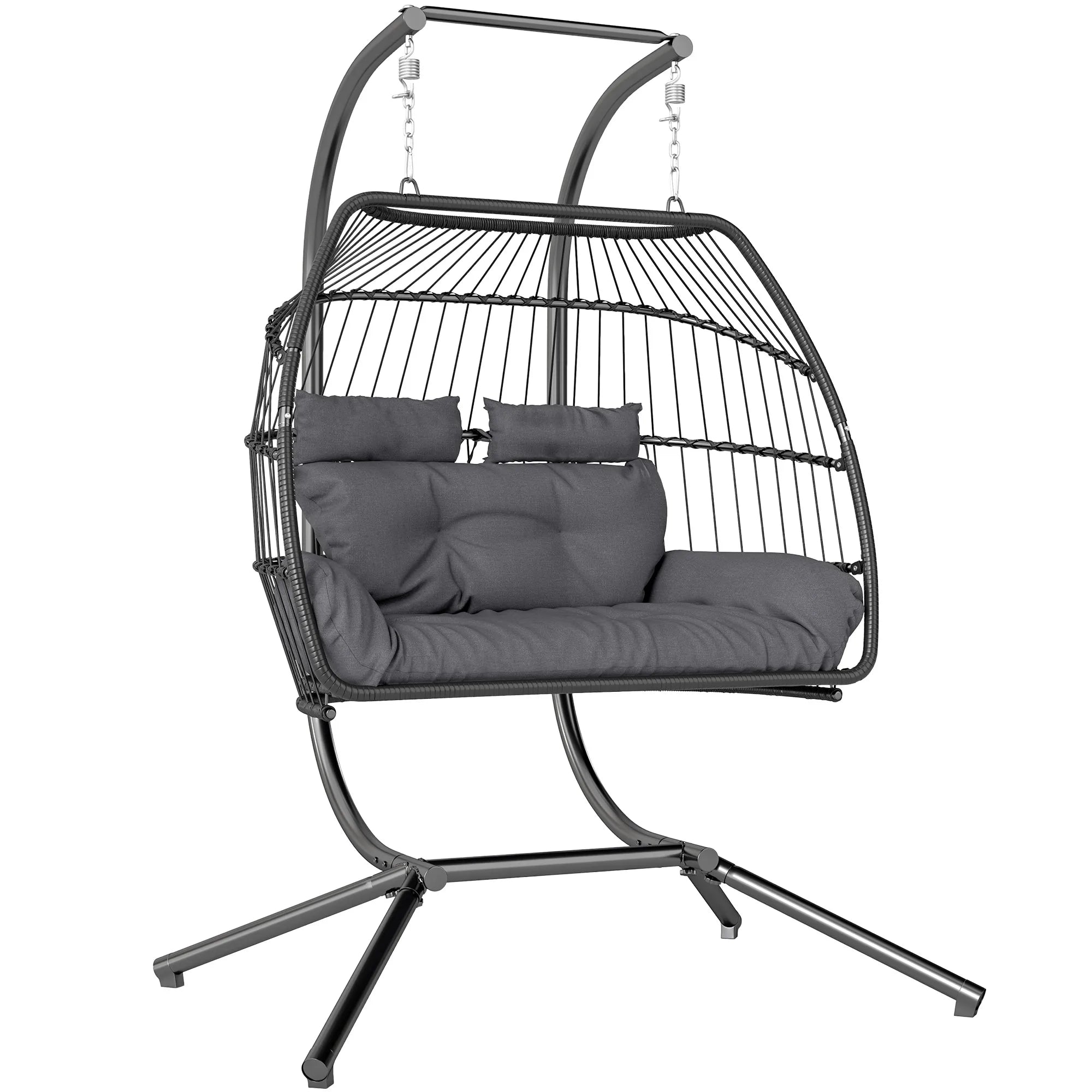 Double Rattan Hanging Egg Chair with Stand, Thick Cushion and Removable Headrests for 2 People