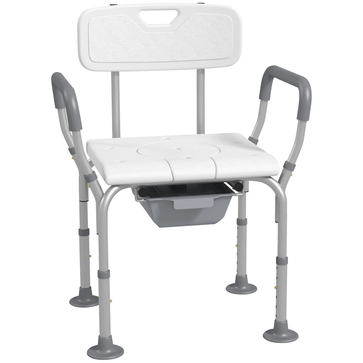 3-in-1 Height-Adjustable Shower Chair and Commode with Back and Arms, White