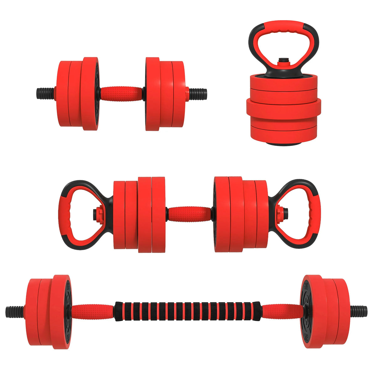 4-in-1 Adjustable Dumbbell Set, 20kg Barbell, Kettlebell and Push-Up Stand