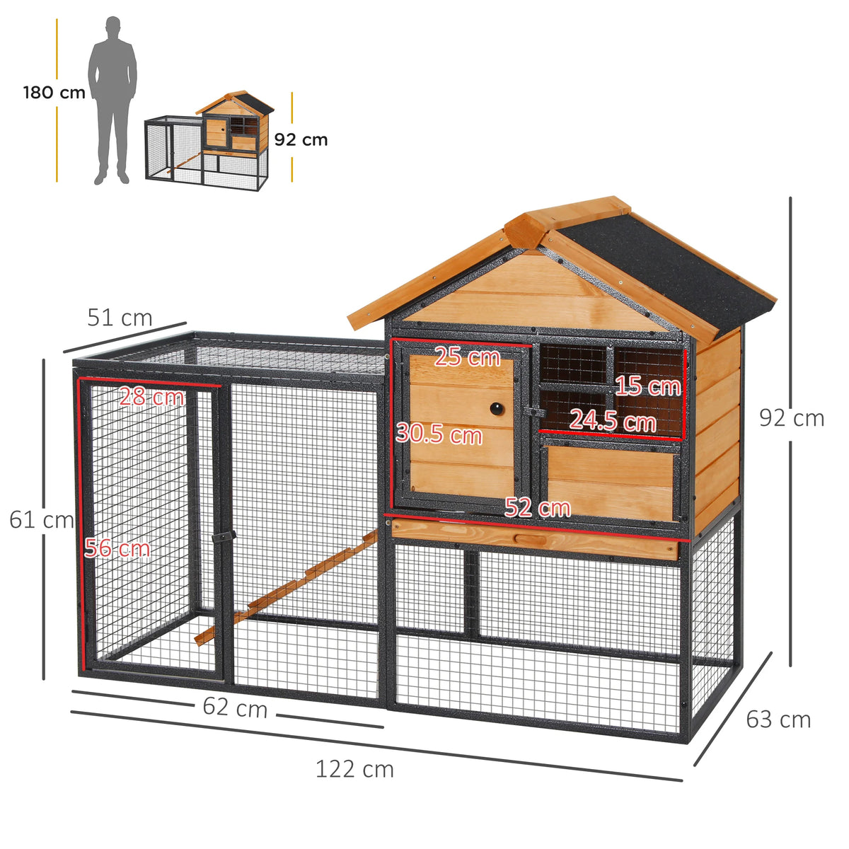 Elevated Rabbit Hutch 122x63x92cm Wood and Metal Outdoor Pet House with Run Ramp and Lockable Door
