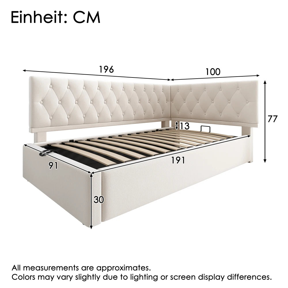 3ft Single Ottoman Daybed with Hydraulic Storage, Velvet Upholstered Sofa Bed, Beige