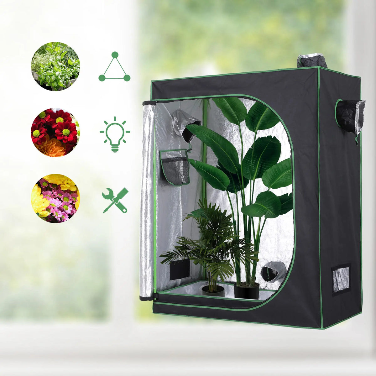 Indoor Grow Tent 120x60x150cm Hydroponic with Reflective Mylar Lining 600D Oxford and Adjustable Vents