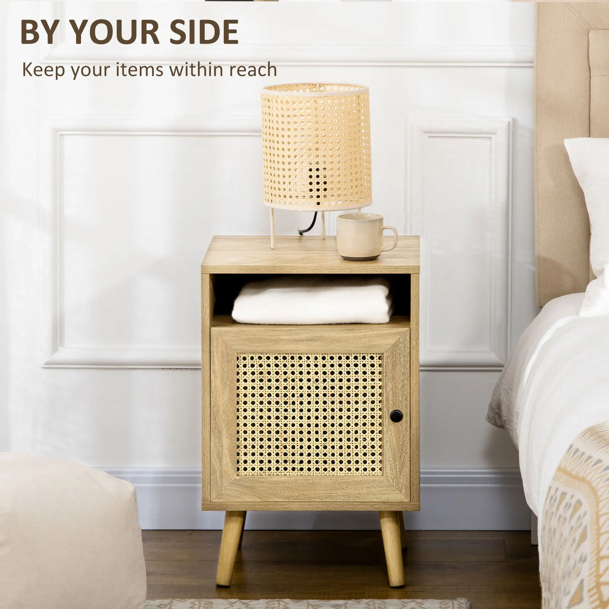 Bedside Table Nightstand with Storage Shelf and Door Cupboard, Natural