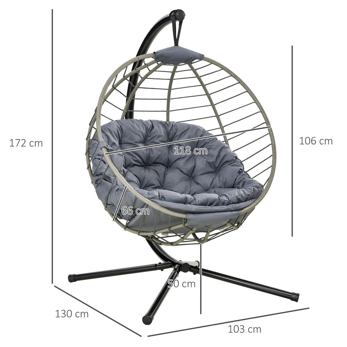 Rattan Hanging Swing Chair with Stand, Cushion and Cup Holder, Grey