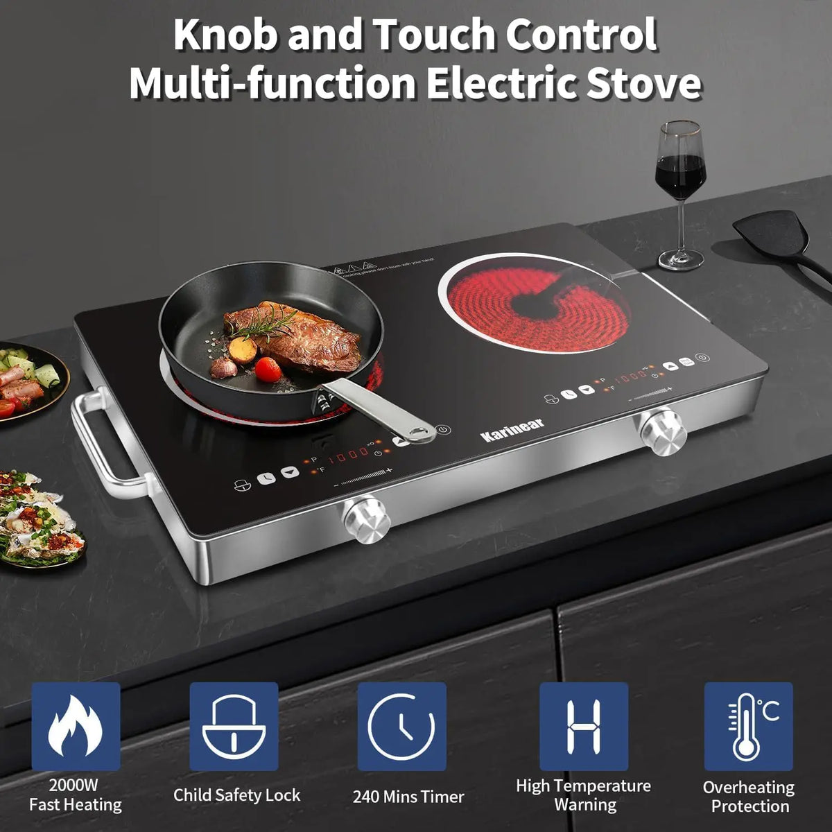 2 Zone Ceramic Hob 3200W Electric Cooktop with Safety Lock Touch Control Plug In
