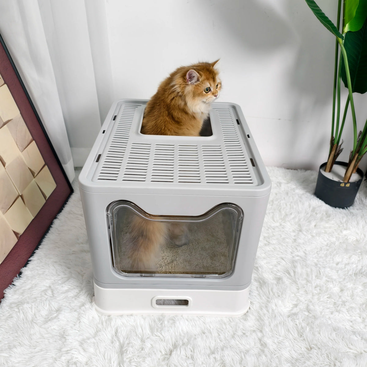 Large Stainless Steel Cat Litter Box 38.3x48.5x38.5cm Front Entry Top Exit with Lid Scoop for Kittens