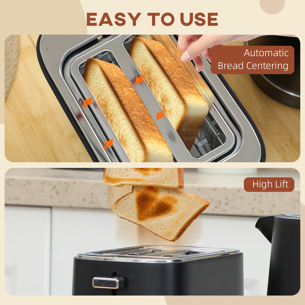 1.7L Fast Boil Kettle and 2 Slice Toaster Set with 6 Level Browning, Black