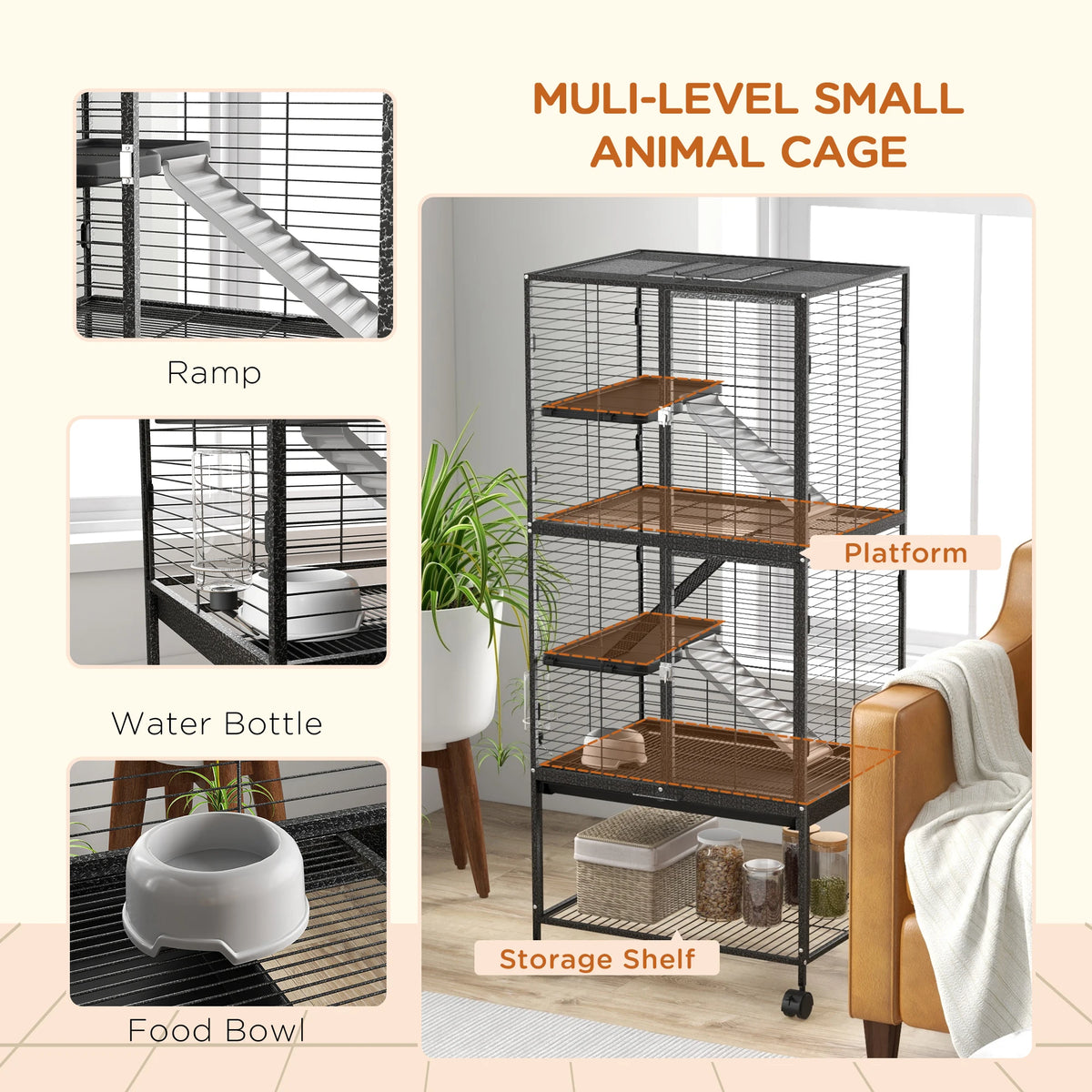 Ferret Cage 136cm 4 Tier Rolling Small Animal Cage with 3 Doors Ramps Water Bottle and Shelf Grey