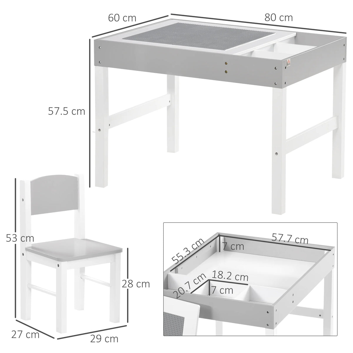 2 in 1 Kids Activity Table and Chair Set for Bricks with Storage MDF and Pinewood Ages 1.5-4 Grey