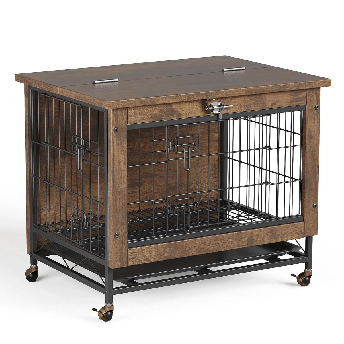 Small Wooden Dog Crate Furniture 26.4x19.7x25.6in 2 Doors Locking Wheels Heavy Duty Indoor Kennel