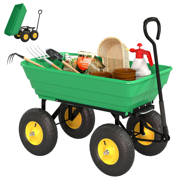 Heavy Duty Garden Dump Cart 200kg 4 Wheel Trolley with Quick Release Tipping Poly Tub Steel Frame Green