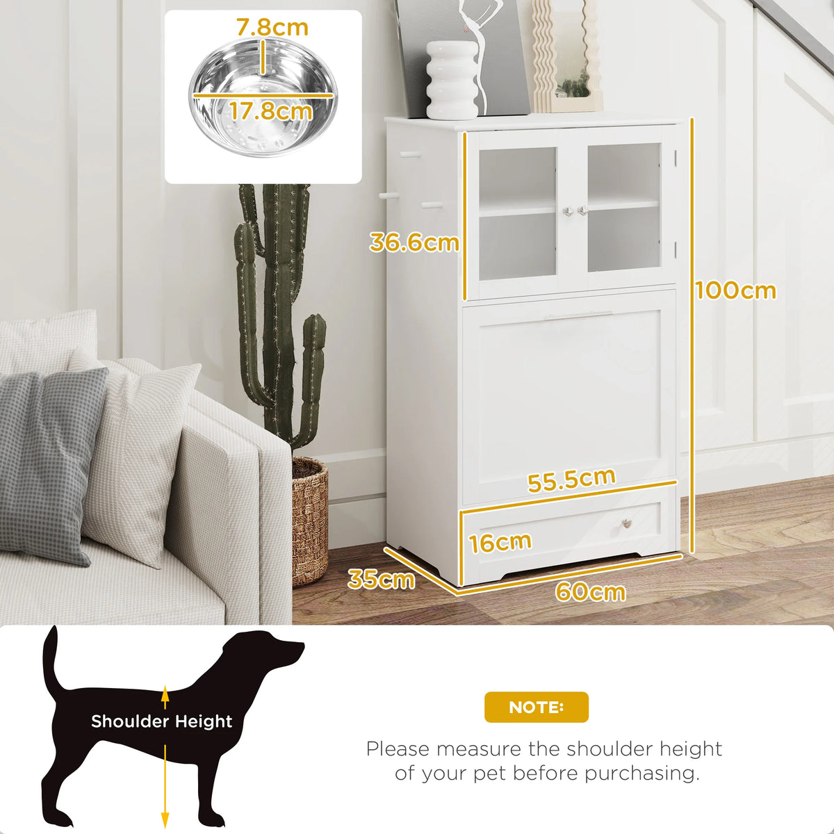 Dog Feeding Station with 2 Cabinets and Retractable Bowl Rack 60x35x100cm MDF Anti Tip White