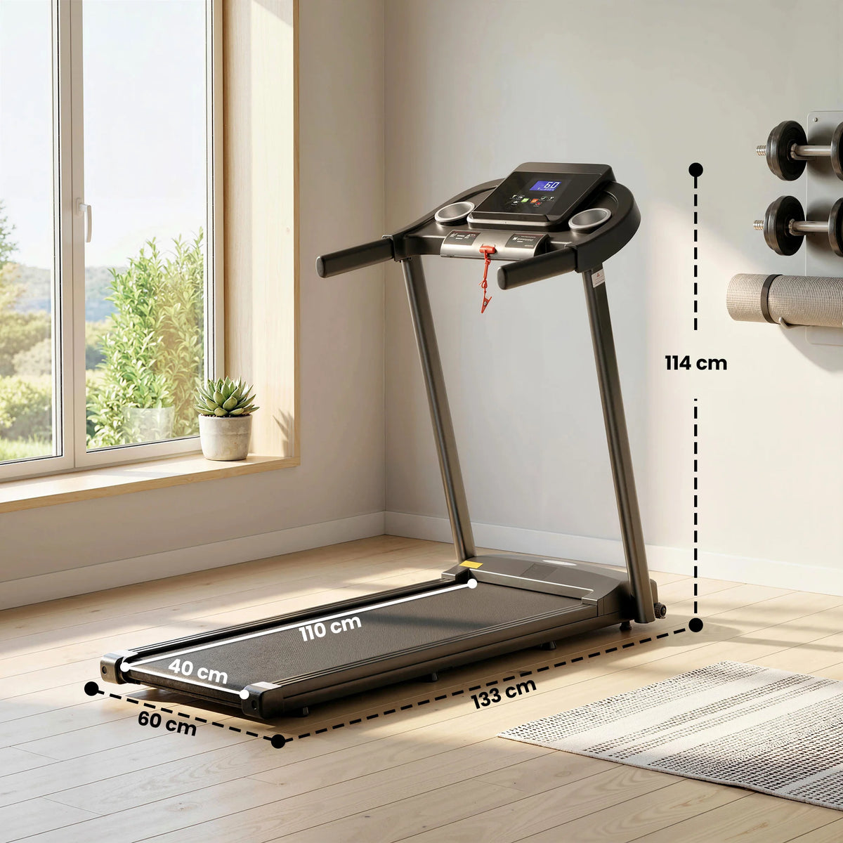1.5HP Treadmill, 12km/h Electric Motorised Running Machine, LED Display, for Home Gym Indoor Fitness