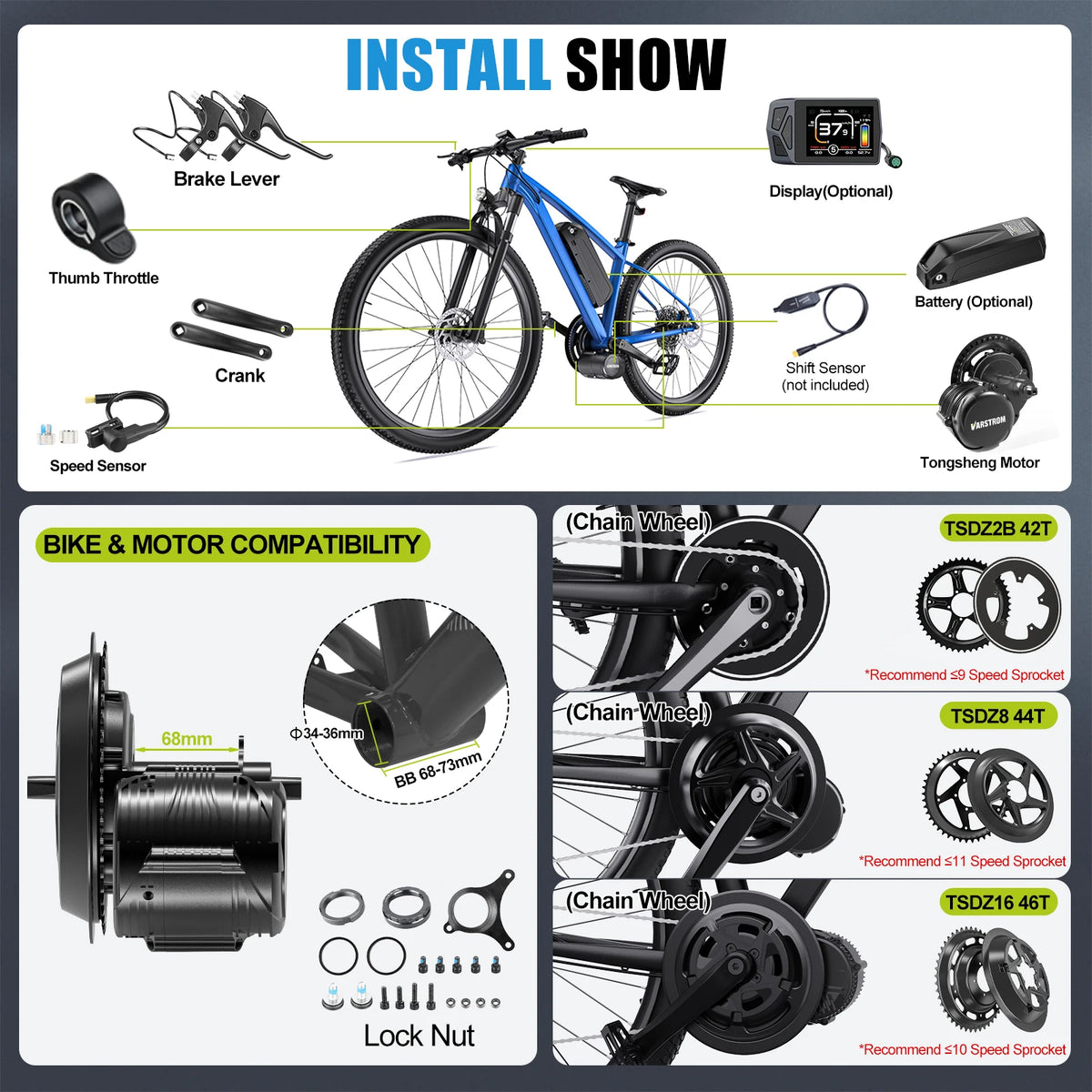TSDZ2B, TSDZ8 and TSDZ16 Mid-Drive E-Bike Conversion Kit with Torque Sensor, 250W to 1000W, for 68–73mm BB