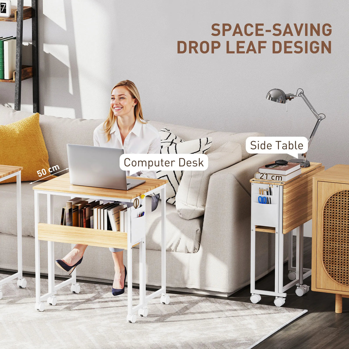 63cm Foldable Computer Desk on Wheels for Small Spaces, Natural