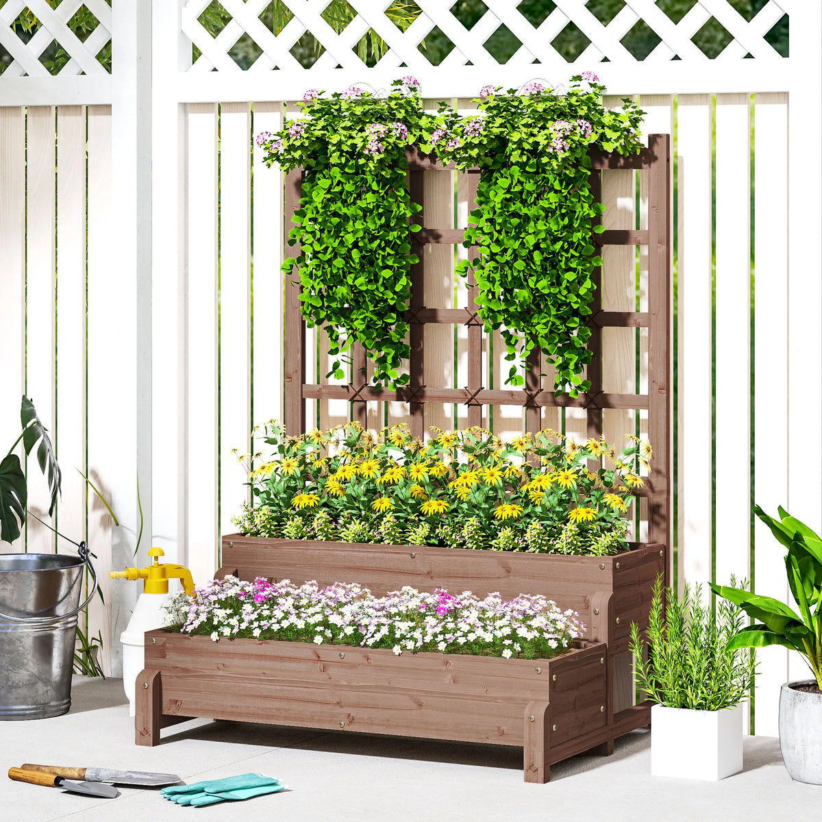 2-Tier Wooden Raised Flower Bed with Trellis and Drainage Holes, Brown