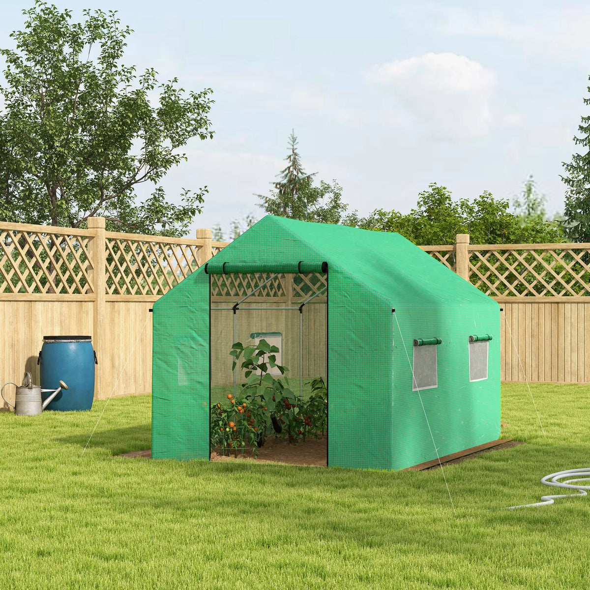 Polytunnel Greenhouse 2x3m with Wide Roll Up Door 4 Mesh Windows Galvanised Steel Frame Green