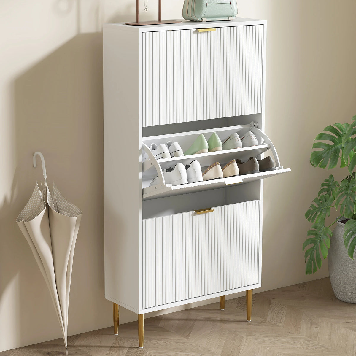 Slim Shoe Cabinet for 18 Pairs with 3 Flip Drawers Fluted Panel Doors Gold Tone Handles Adjustable Shelves White
