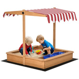 Kids Wooden Sandbox Sand Pit with Adjustable Canopy Height Adjustable Legs and Two Storage Basins for Garden