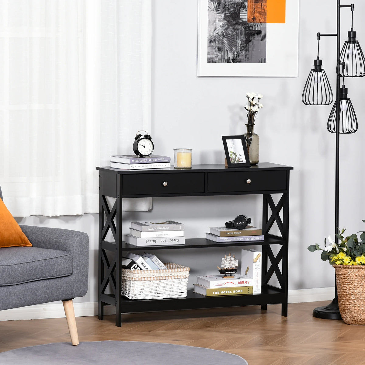 Console Table with Shelves and Drawers, X-Support Hallway Side Table